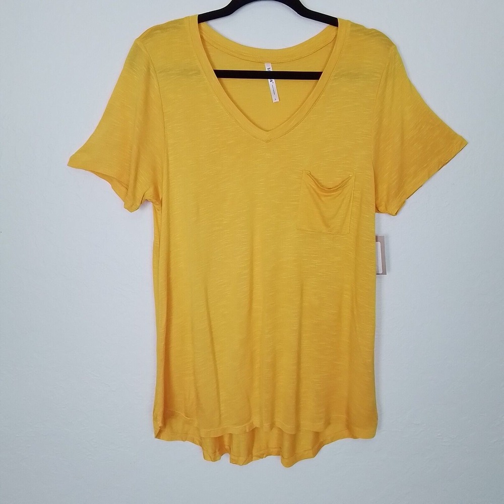Tresics Womens Large Yellow V Neck Short Sleeve Tee T-Shirt Soft Slub Pocket Top